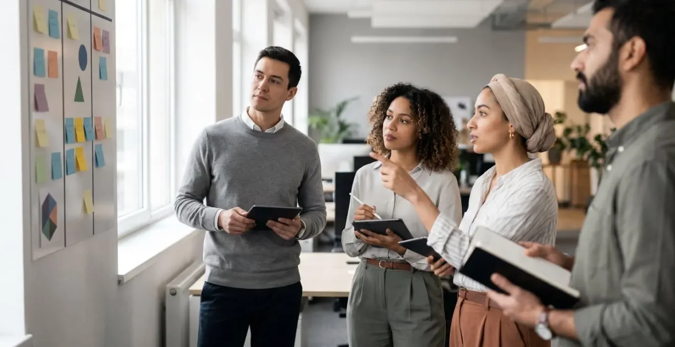 Agile team members collaborating around a physical Scrum board during daily standup meeting with natural workspace lighting