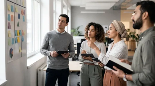 Agile team members collaborating around a physical Scrum board during daily standup meeting with natural workspace lighting