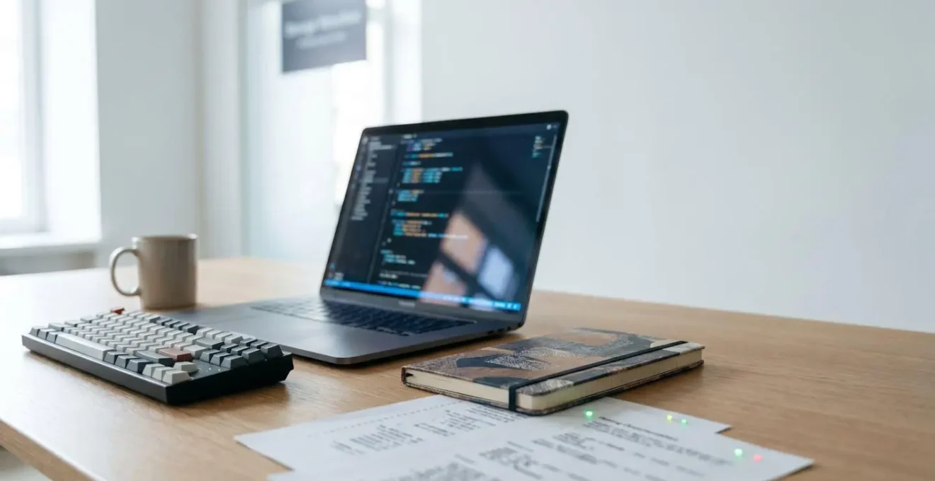 Developer workspace showing testing workflow with code editor and abstract testing framework visualization