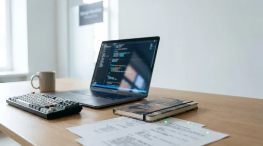 Developer workspace showing testing workflow with code editor and abstract testing framework visualization