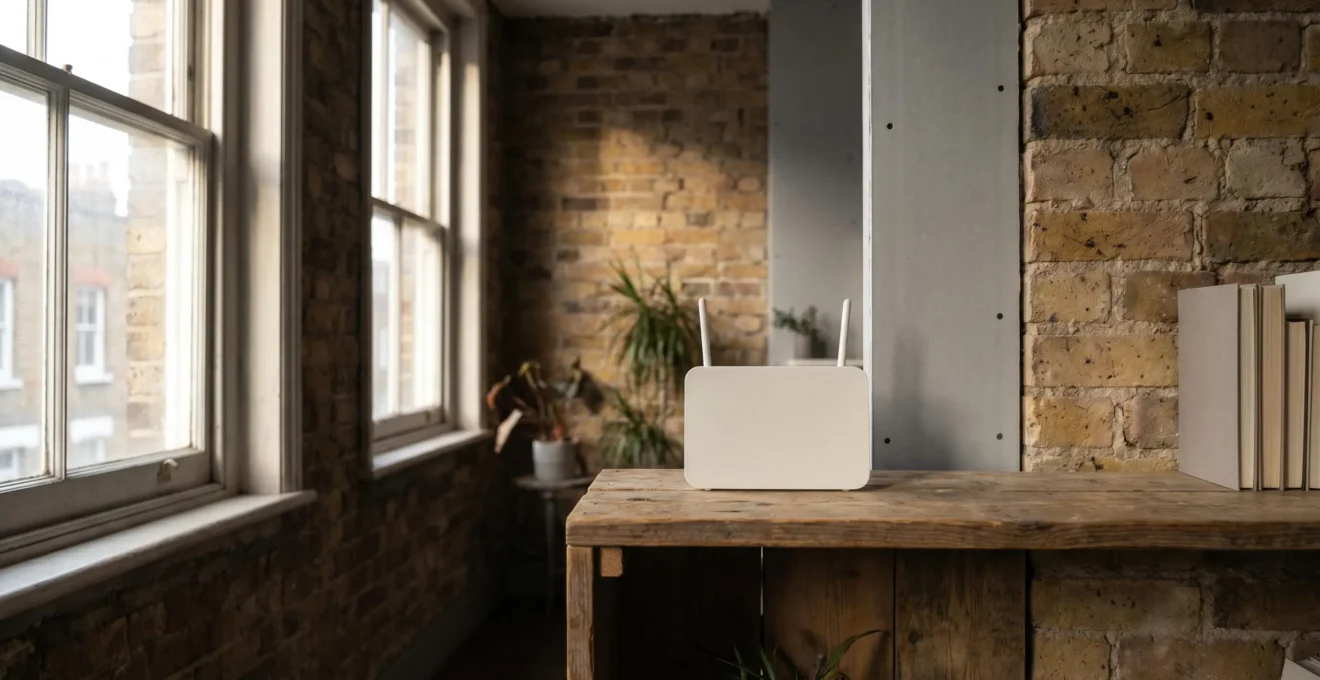 Dual-band wireless router surrounded by dense Victorian brick walls and modern building materials illustrating WiFi signal challenges in London flats