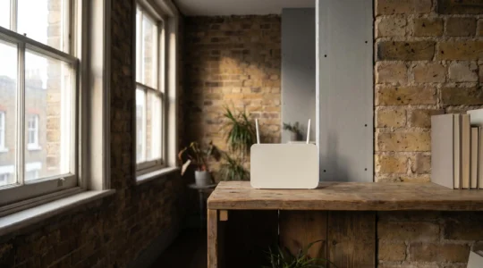 Dual-band wireless router surrounded by dense Victorian brick walls and modern building materials illustrating WiFi signal challenges in London flats
