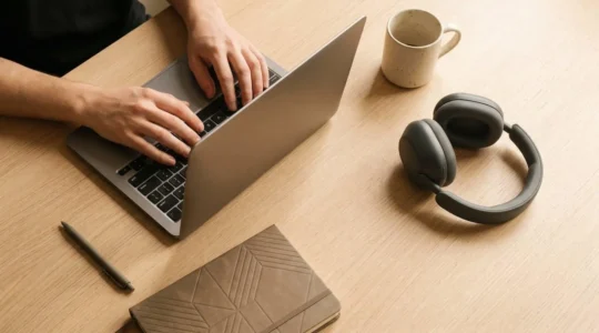 Professional setting showing focused work environment with minimal distractions and intentional device placement