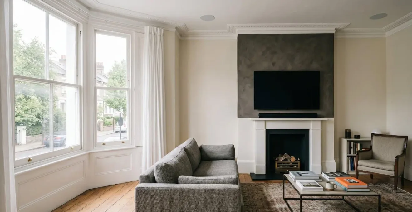 Modern UK living room with premium soundbar and discrete speaker setup showing contemporary home cinema installation