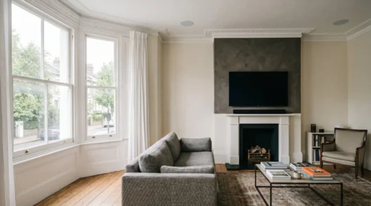 Modern UK living room with premium soundbar and discrete speaker setup showing contemporary home cinema installation