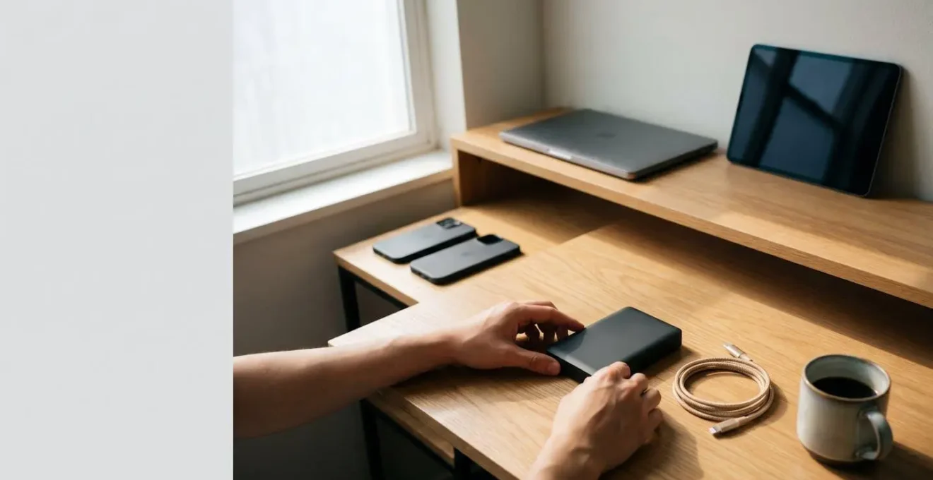 Family managing shared cloud storage space across multiple devices in modern home setting