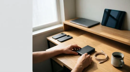 Family managing shared cloud storage space across multiple devices in modern home setting