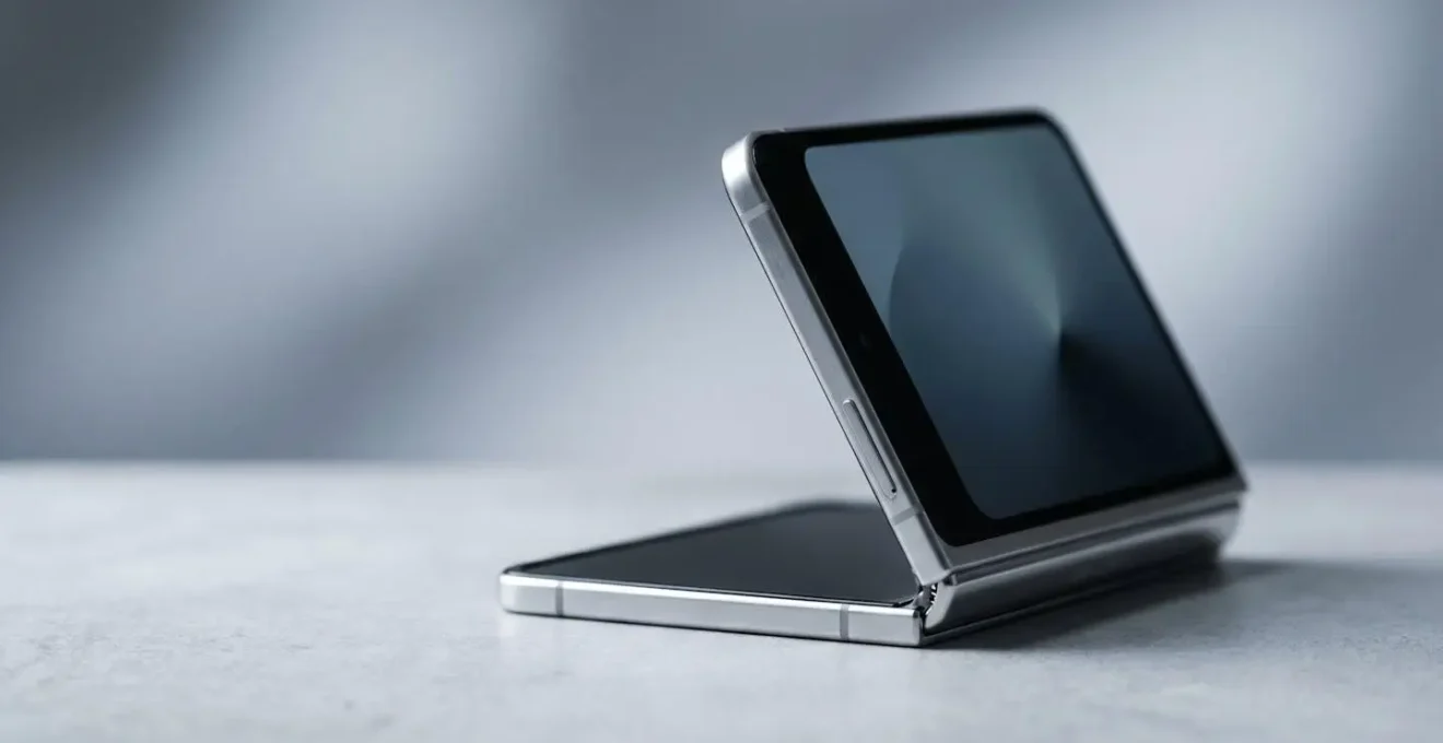 Foldable smartphone in mid-fold position showing screen flexibility and hinge mechanism durability testing