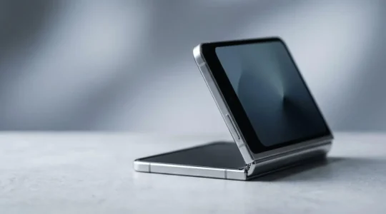 Foldable smartphone in mid-fold position showing screen flexibility and hinge mechanism durability testing