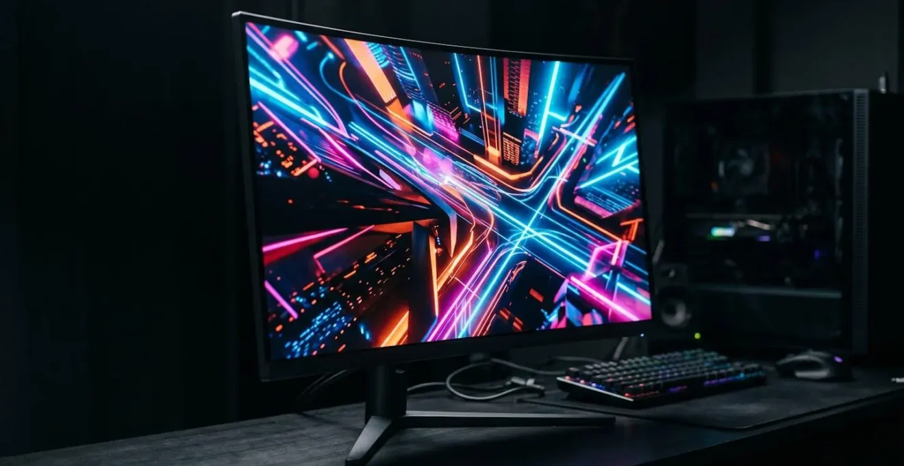 Professional close-up of high-end gaming display showing HDR color spectrum with deep blacks and bright highlights in a dark gaming environment