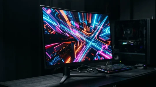Professional close-up of high-end gaming display showing HDR color spectrum with deep blacks and bright highlights in a dark gaming environment