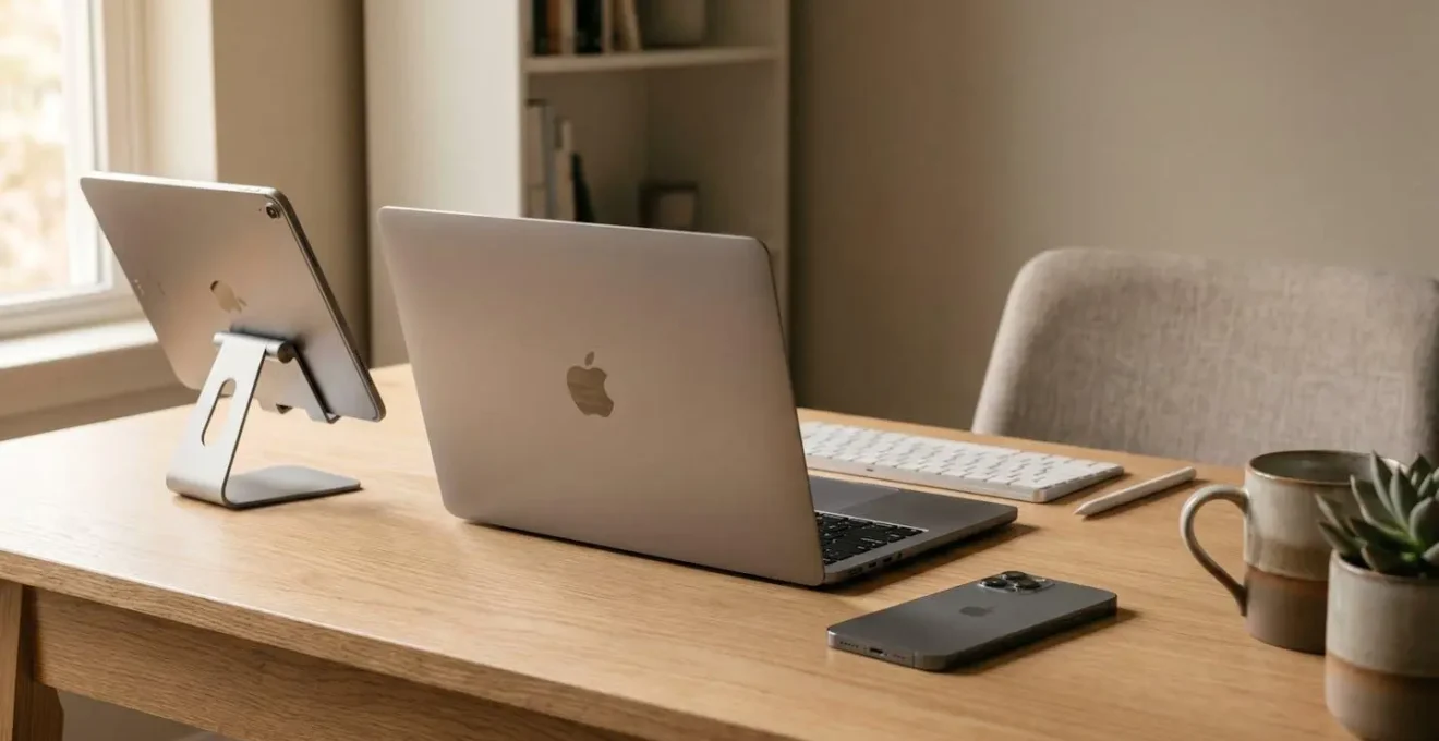 Professional workspace showcasing seamless connectivity between Apple devices for enhanced productivity