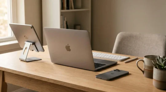 Professional workspace showcasing seamless connectivity between Apple devices for enhanced productivity