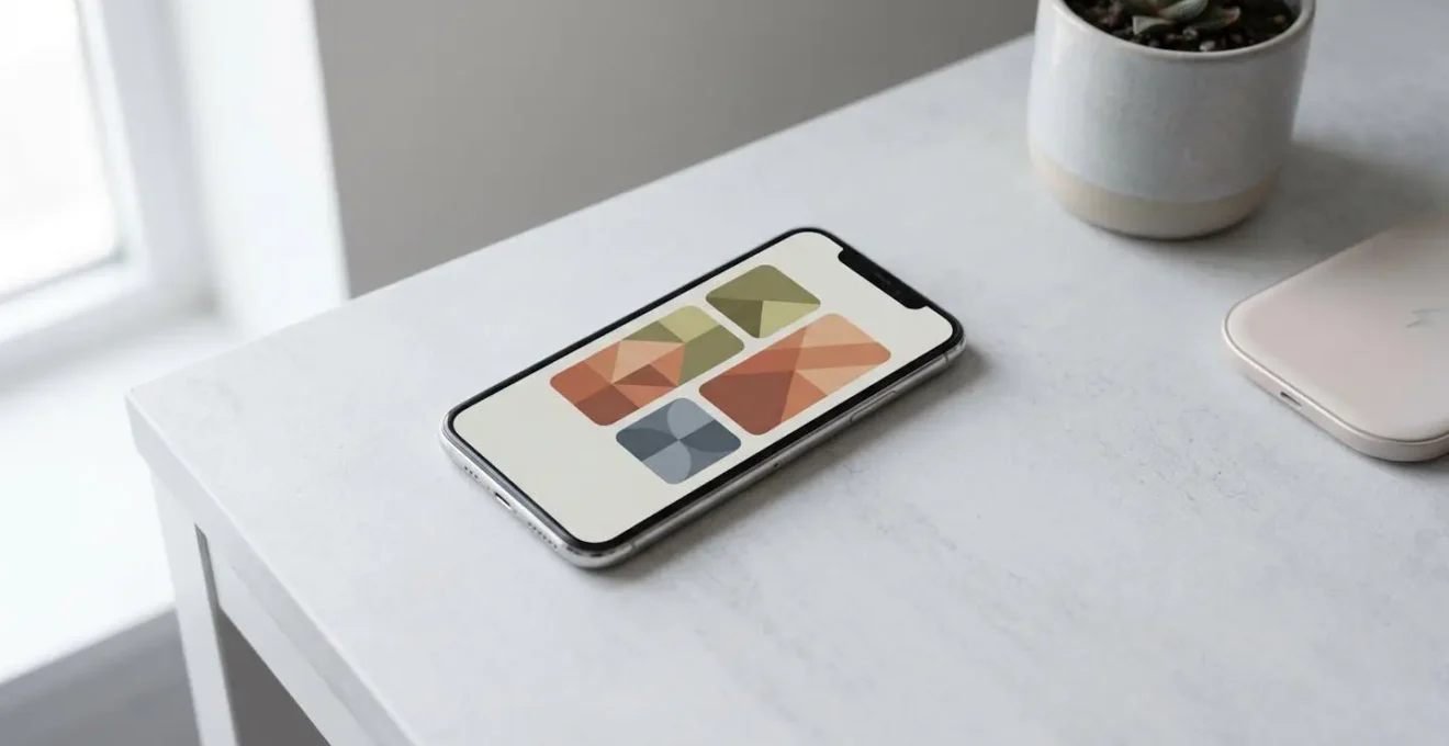 Clean iPhone home screen featuring organized widget stacks with minimalist aesthetic and efficient layout