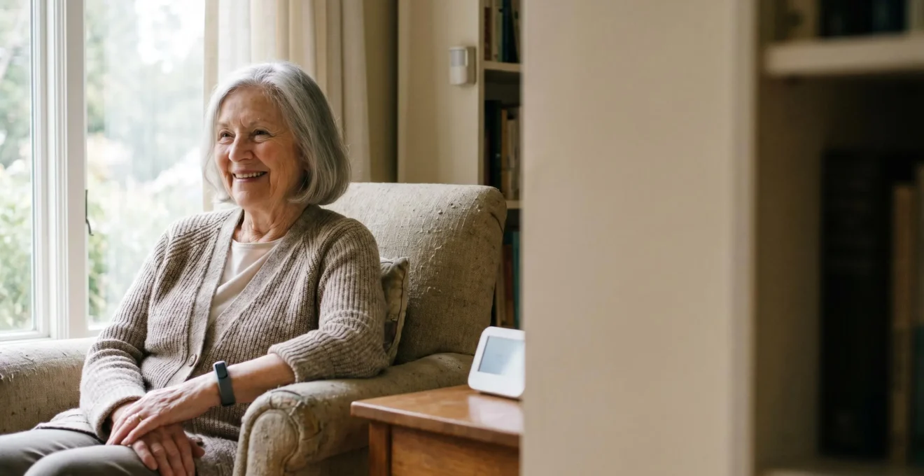Elderly person with biosensor wearable device in modern home environment showing IoT health monitoring technology