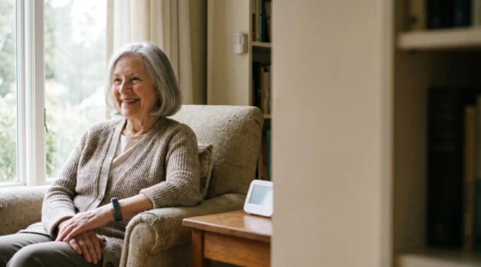 Elderly person with biosensor wearable device in modern home environment showing IoT health monitoring technology