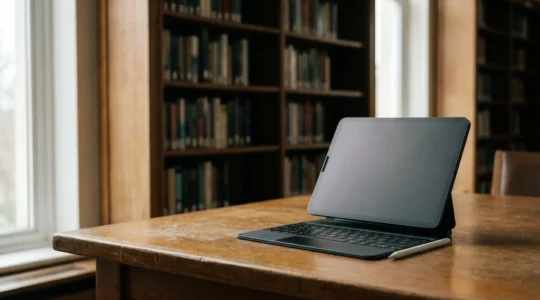 University student workspace with iPad and accessories in study environment