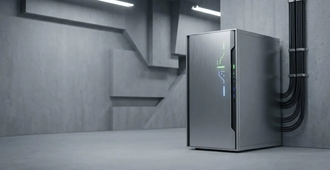Minimalist server infrastructure workspace showing resource optimization concept