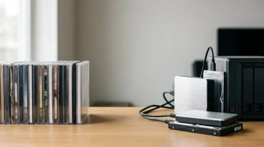 Professional photo of vintage CD collection alongside modern external hard drives showing digital music archiving transition