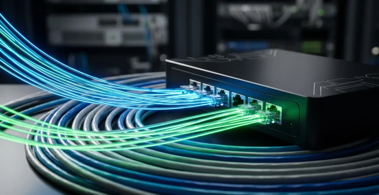 Professional gaming network setup showcasing fiber optic connectivity and low-latency infrastructure for UK gamers