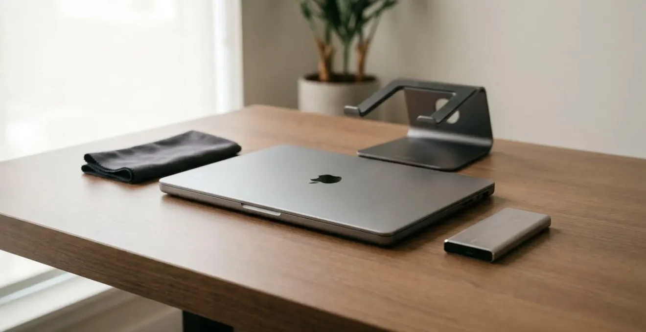 Professional workspace showing a four-year-old MacBook Pro in pristine condition with maintenance tools and accessories arranged on a clean desk