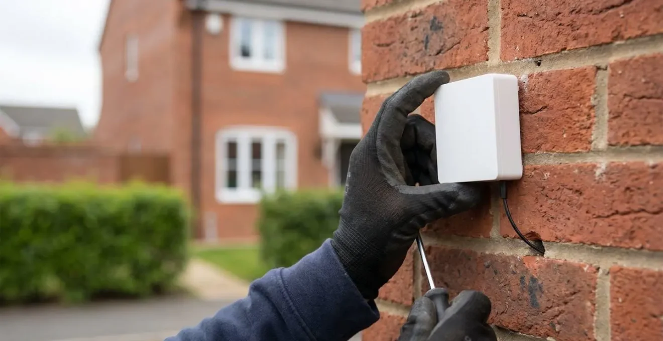 Professional Openreach engineer installing fiber-to-the-home equipment on exterior wall of residential property