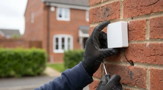 Professional Openreach engineer installing fiber-to-the-home equipment on exterior wall of residential property
