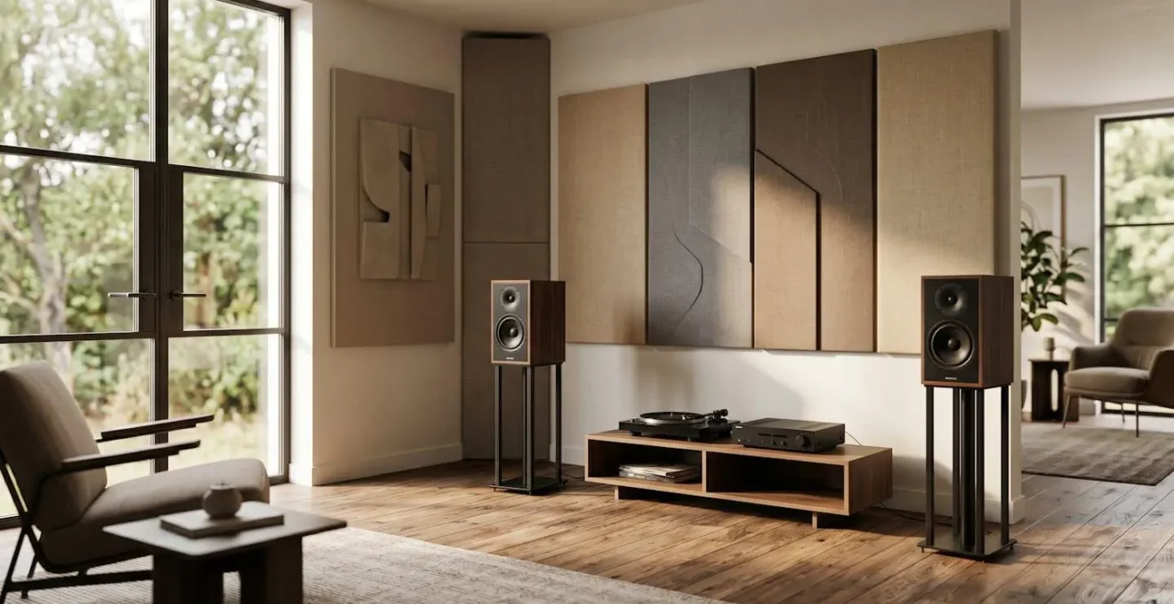 Professional audio setup showcasing the contrast between room acoustics and premium equipment in a listening environment
