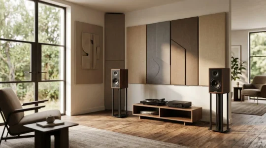 Professional audio setup showcasing the contrast between room acoustics and premium equipment in a listening environment