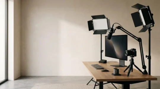 Professional home streaming studio with advanced LED lighting setup and thermal management