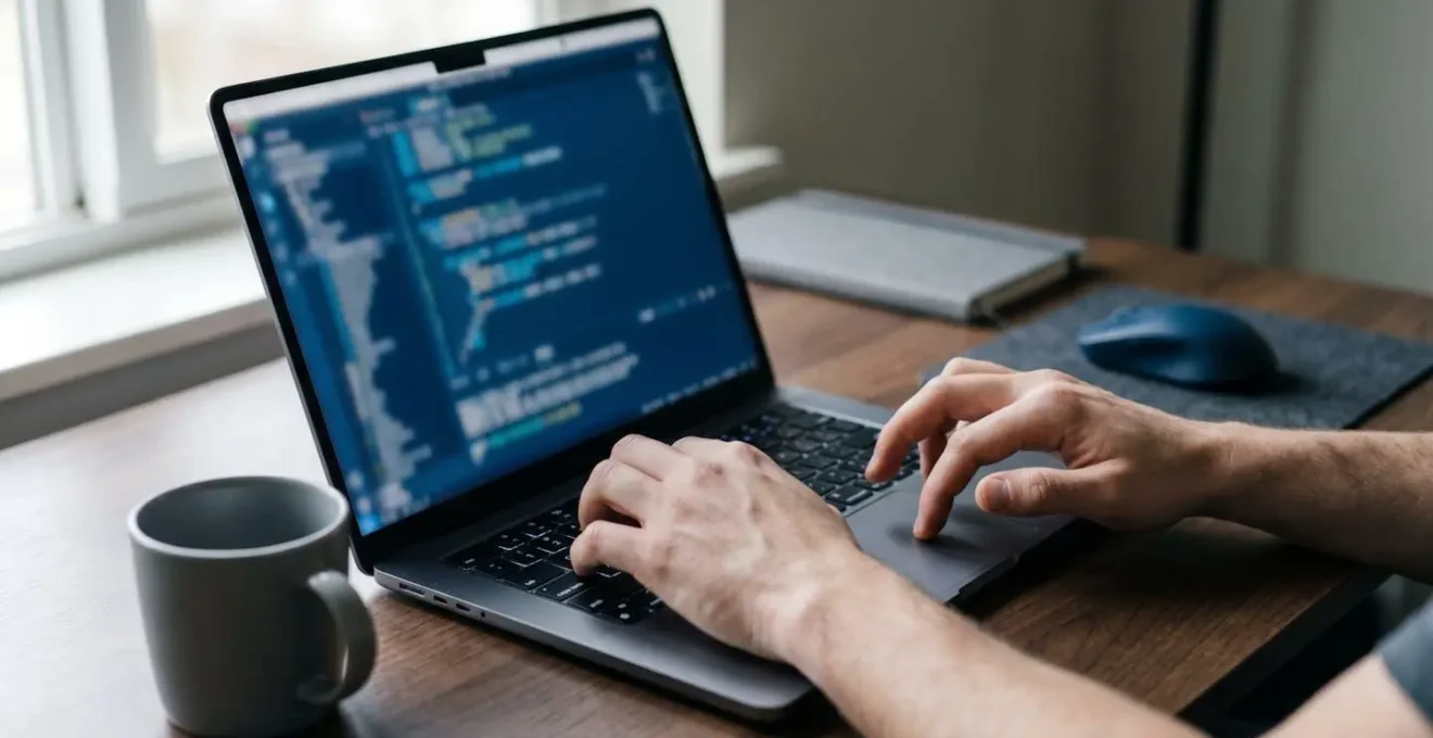 Close-up of hands typing code on laptop keyboard with focused expression, ambient natural lighting highlighting technical workflow