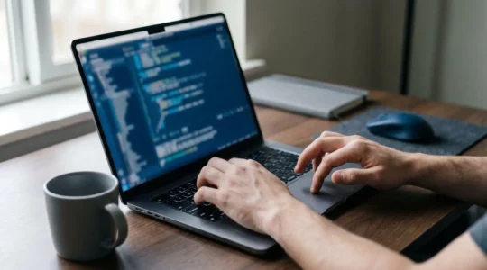 Close-up of hands typing code on laptop keyboard with focused expression, ambient natural lighting highlighting technical workflow