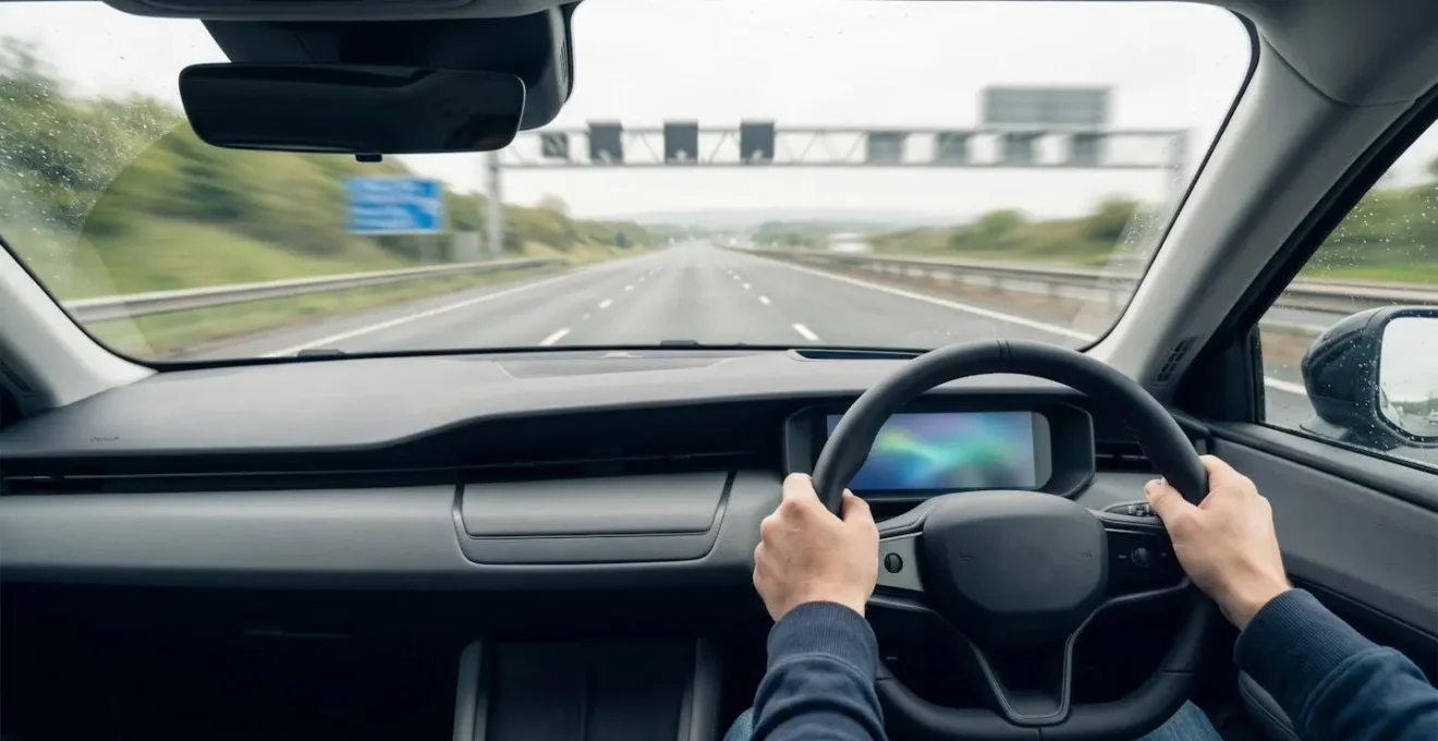 Driver using voice control in modern UK vehicle with hands on steering wheel, demonstrating safe hands-free technology compliance