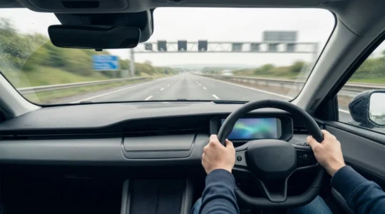 Driver using voice control in modern UK vehicle with hands on steering wheel, demonstrating safe hands-free technology compliance