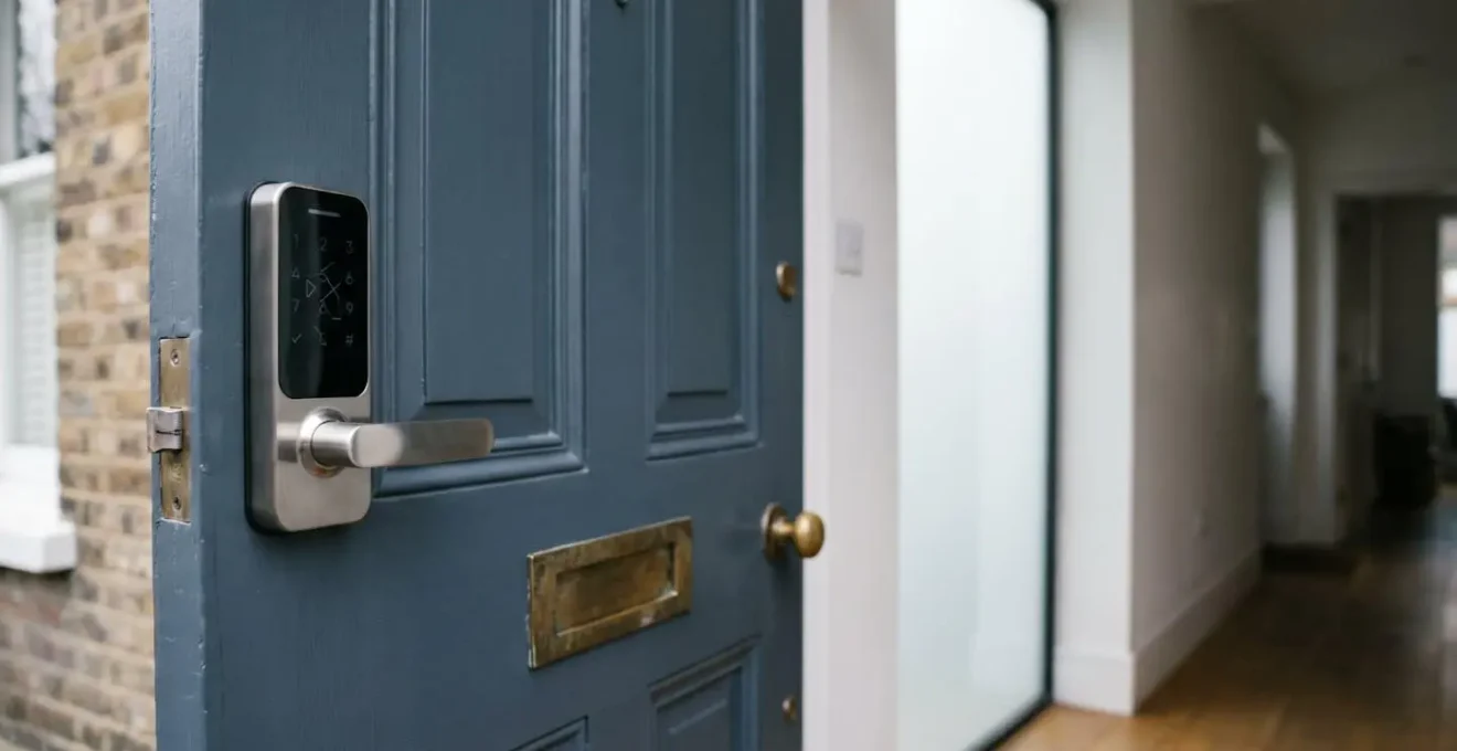 Modern smart lock installed on residential UK door with traditional British architecture visible in background showcasing insurance security standards
