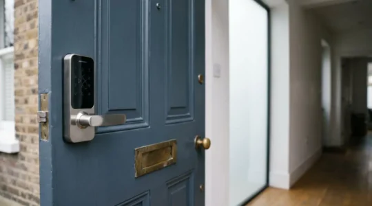 Modern smart lock installed on residential UK door with traditional British architecture visible in background showcasing insurance security standards