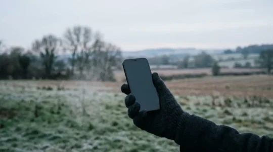 Smartphone screen displaying critical battery warning outdoors in freezing British winter conditions