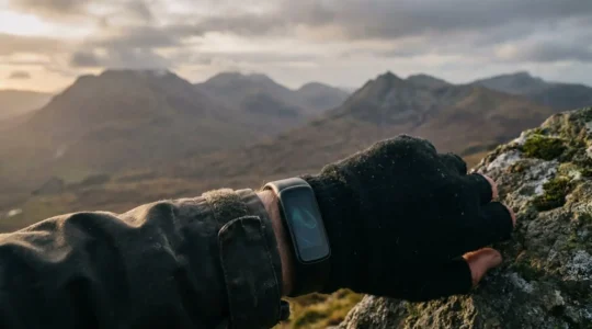 Athlete checking wearable fitness tracker on mountain summit in Scottish Highlands during altitude training