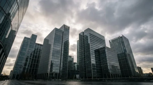 Modern glass office building facade reflecting signal waves in UK urban environment showing network connectivity challenges