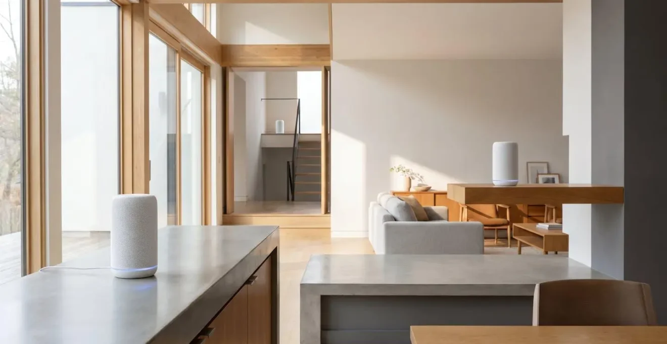 Modern mesh router nodes distributed throughout multi-story residential interior showing wireless connectivity coverage zones