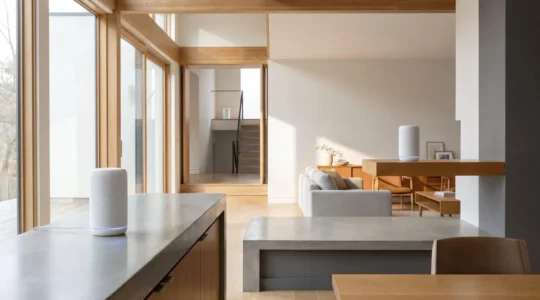 Modern mesh router nodes distributed throughout multi-story residential interior showing wireless connectivity coverage zones